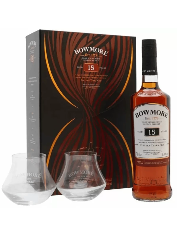 Bowmore 15 Years Old, gift box with 2 glasses