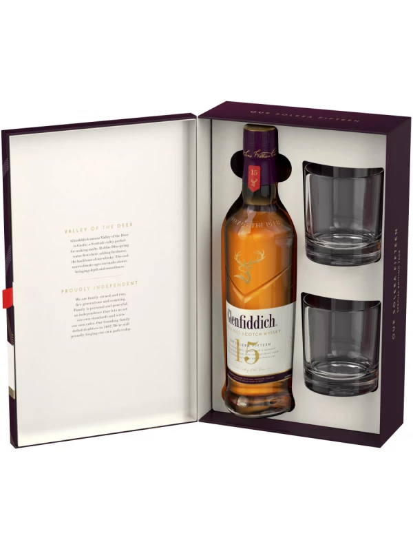 Glenfiddich 15 Years Old, gift box with 2 glasses