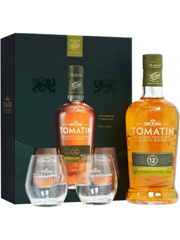 Tomatin 12 Years, gift box with 2 glasses