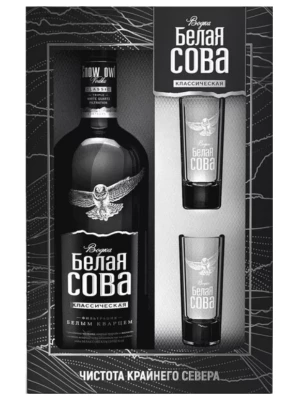 Водка Белая Сова Классическая, в подарочной коробке с 2 рюмками 1 л
